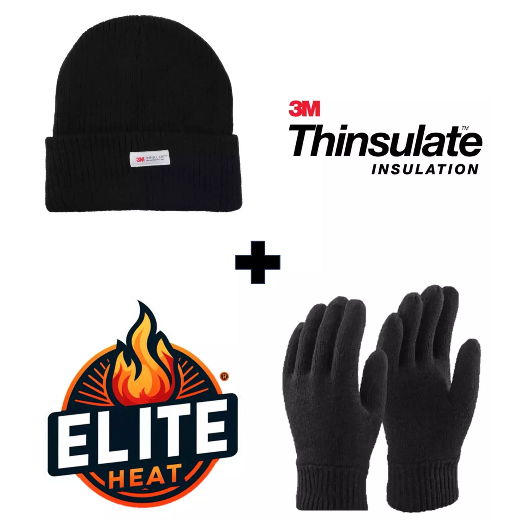 Men's Elite Heat Thinsulate black winter hat and gloves set, thermal insulation for warmth, cold weather accessory gift set